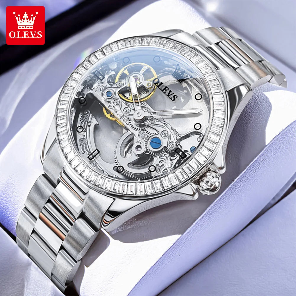 OLEVS Couple Watches Original Fully Transparent Skeleton Automatic Mechanical Watches For Men Women Lover's Gift Luxury Watches