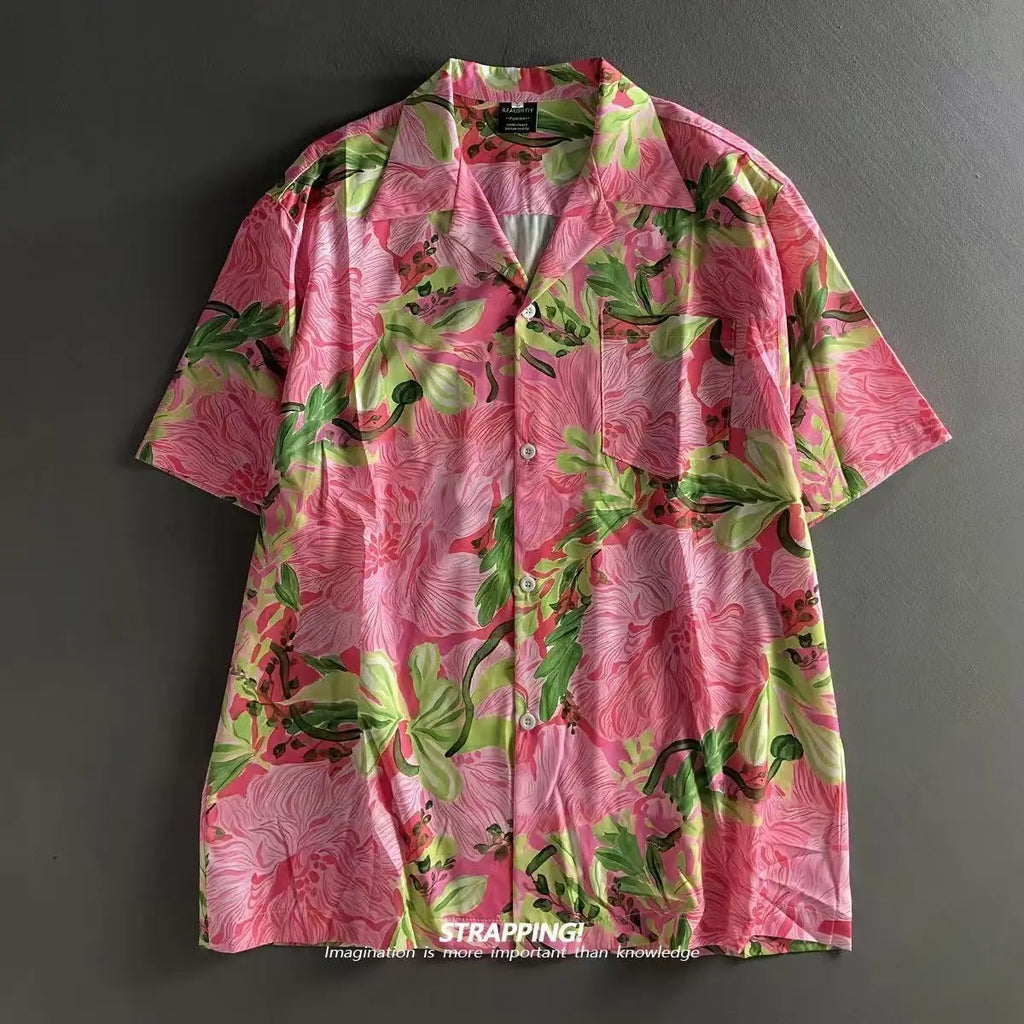 Pink Graffiti Floral Cuban Collar Hawaiian Shirts Women and Men Short Sleeve Button Up Vintage Beach Blusas Vocation Summer 2025