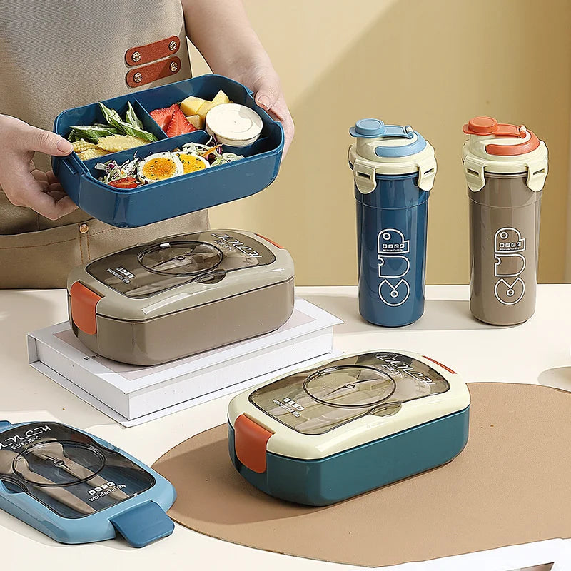 2Pcs Microwave Safe PP Lunch Box Set 750ML Separated Bento Container With 450ML Portable Water Bottle Leak‑Proof Dinnerware