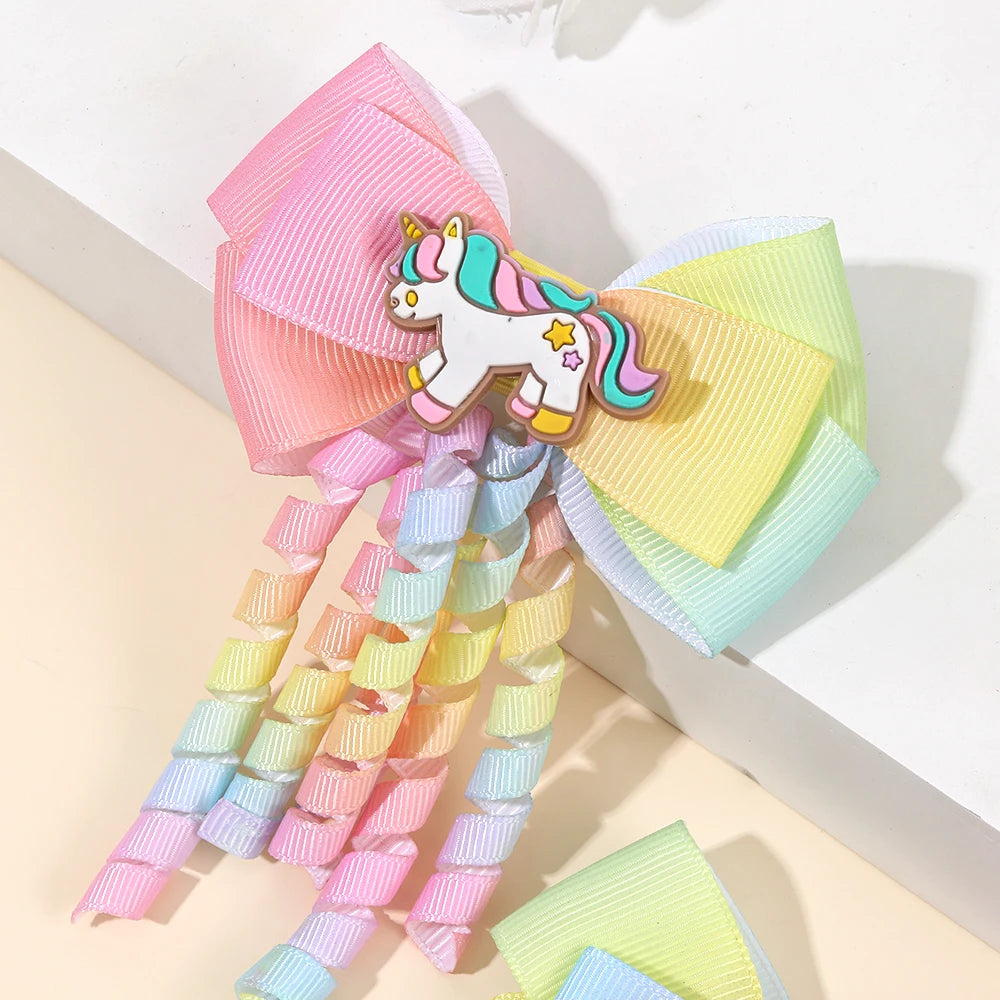 2Pcs Rainbow Unicorn Hair Clip Cute Curly Ribbon Tassel Magical Bow Hairpin For Kids Girls Party Daily Use Headwear Accessories