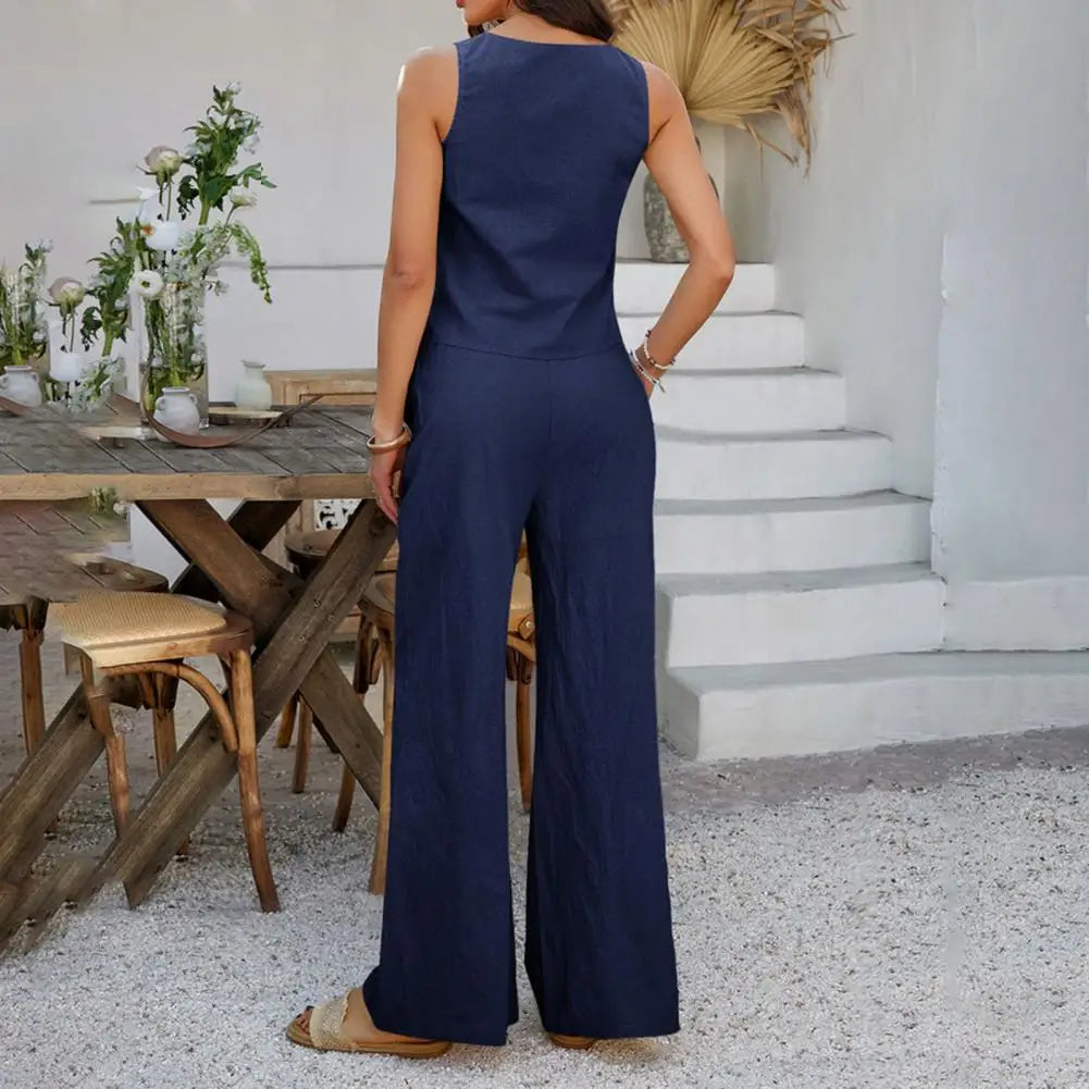 Women's Summer Comfortable Casual Simple Solid Color Two-piece Set Fashion Sleeveless V-neck Strap Short Top Wide-leg Pants Sets