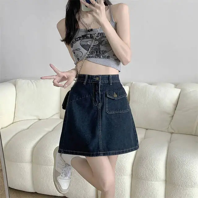 Women's Denim Skirt Retro Blue High Waist Female Jeans Skirts Streetwear Premium Modest Korean Fashion Stylish A Line Vintage