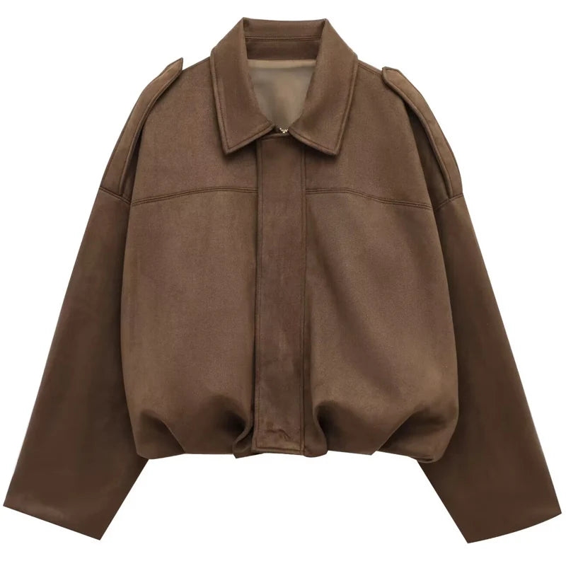HXAO Suede Cropped Jacket Women's Bomber Jacket Oversized Batwing Sleeves Outerwears Lady Casual Loose Coat Street Style Jackets