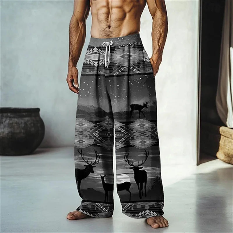 Summer Men's Beach Shorts Relaxed Fit Drawstring Casual Pants 3D Printed Geometric Pattern Breathable Wide-Leg Pants