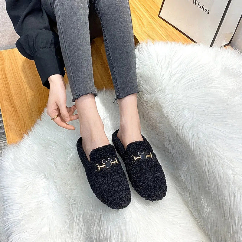 Winter Warm Plush Mules Women One Band Fur Slippers Cozy Cotton Shoes Woman Flats Cover Toe Fleeces Slides Femme Wool Pantuflas