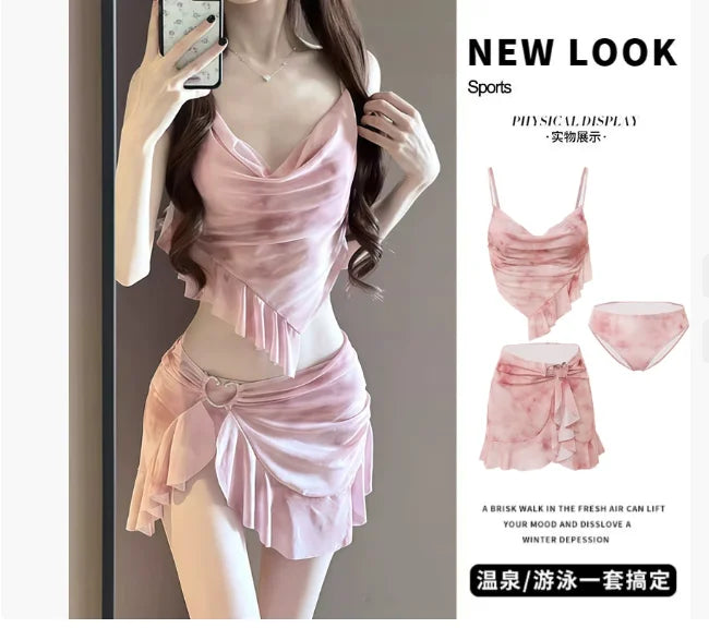 Bikini swimsuit women's 2025 new three-piece set, advanced sense split, meat cover, conservative seaside vacation, niche hot