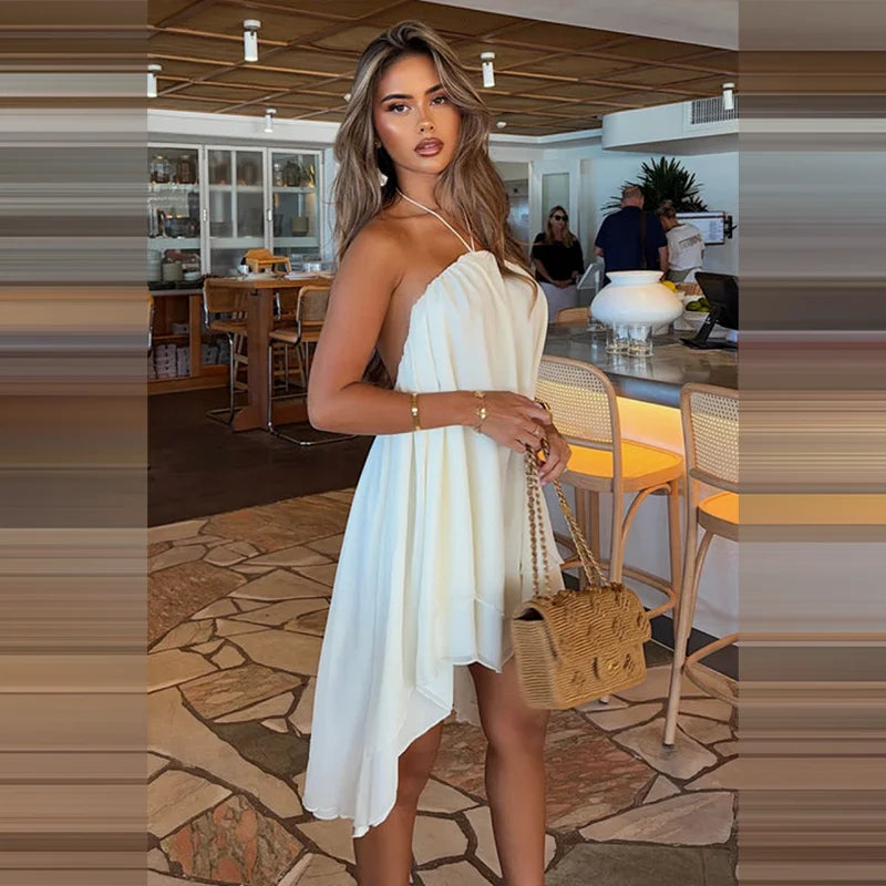 French Romantic White Halter Neck Mini Dress Women Elegant Sleeveless Chiffon High Low Hem Gowns Summer Bridal Shower Party Wear