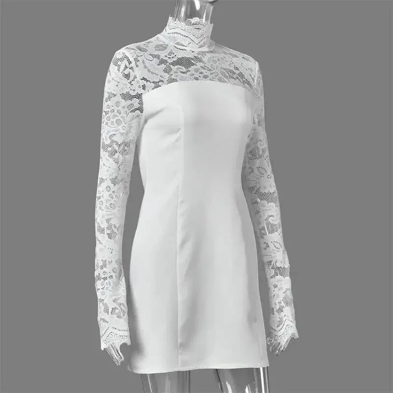 Women Elegant Lace Patchwork Sexy Mini Dress Fashion High Neck Long Flare Sleeve Backless Bodycon Club Party Dresses