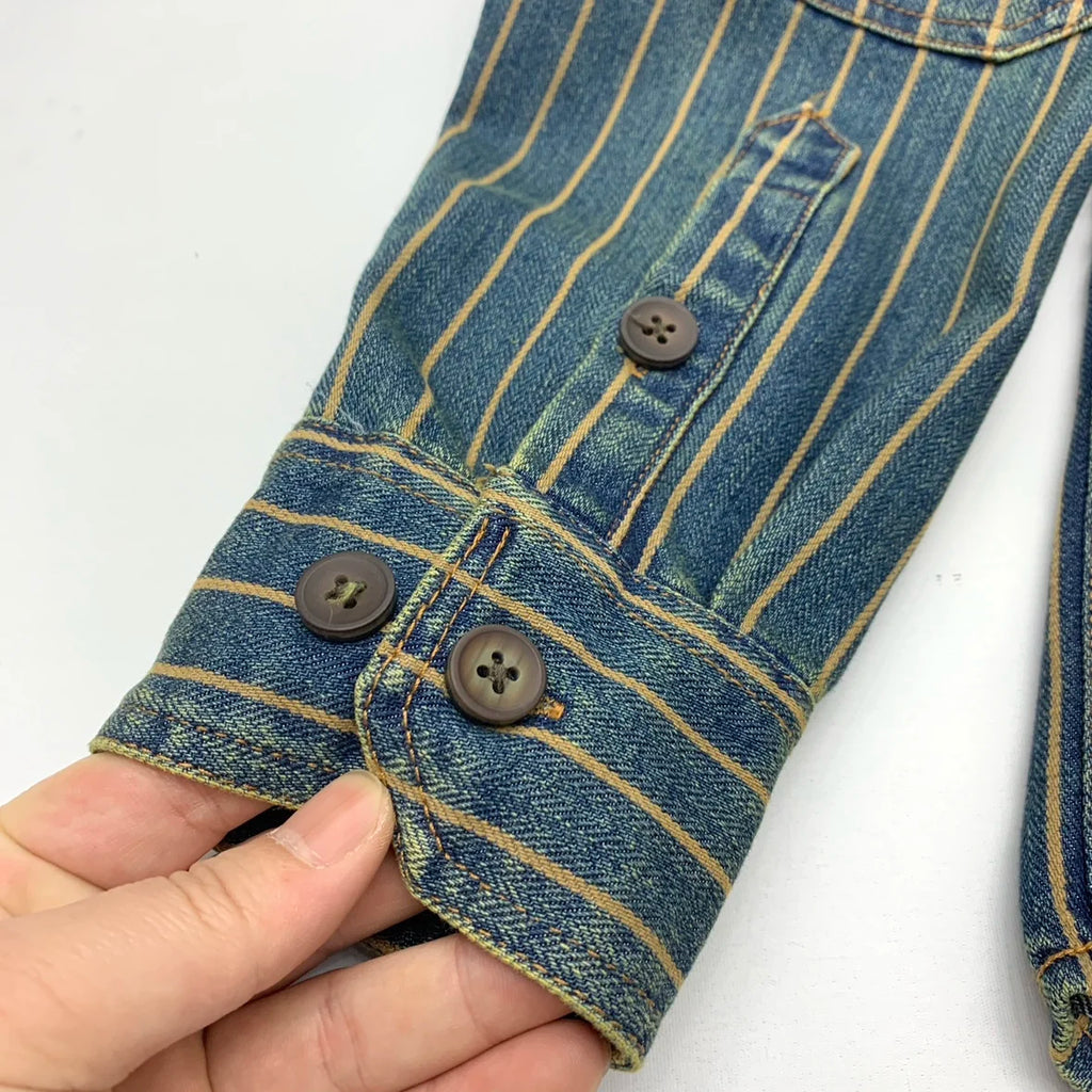 2025 Autumn New American Retro Heavyweight Striped Denim Shirt Jacket Men's 100% Cotton Washed Old Fashion Loose Casual Coat