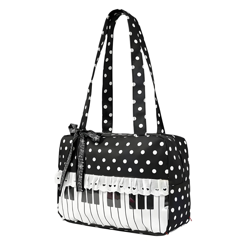 Polka Dot Piano Key Lace Ribbon Shoulder Bag,Contrast Color Patchwork Large Women Bowling Tote Bag,Y2k Girls Wave Point Handbag
