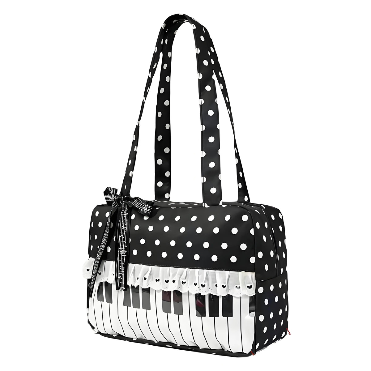 Polka Dot Piano Key Lace Ribbon Shoulder Bag,Contrast Color Patchwork Large Women Bowling Tote Bag,Y2k Girls Wave Point Handbag