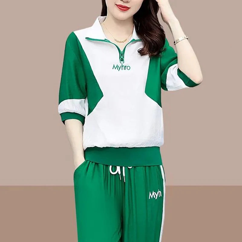 2 Piece Sets Women 2024 Summer Fashion Contrast Color Half Zipper Short Sleeve Tops Casual Pockets Sports Joggers Pants Outfits