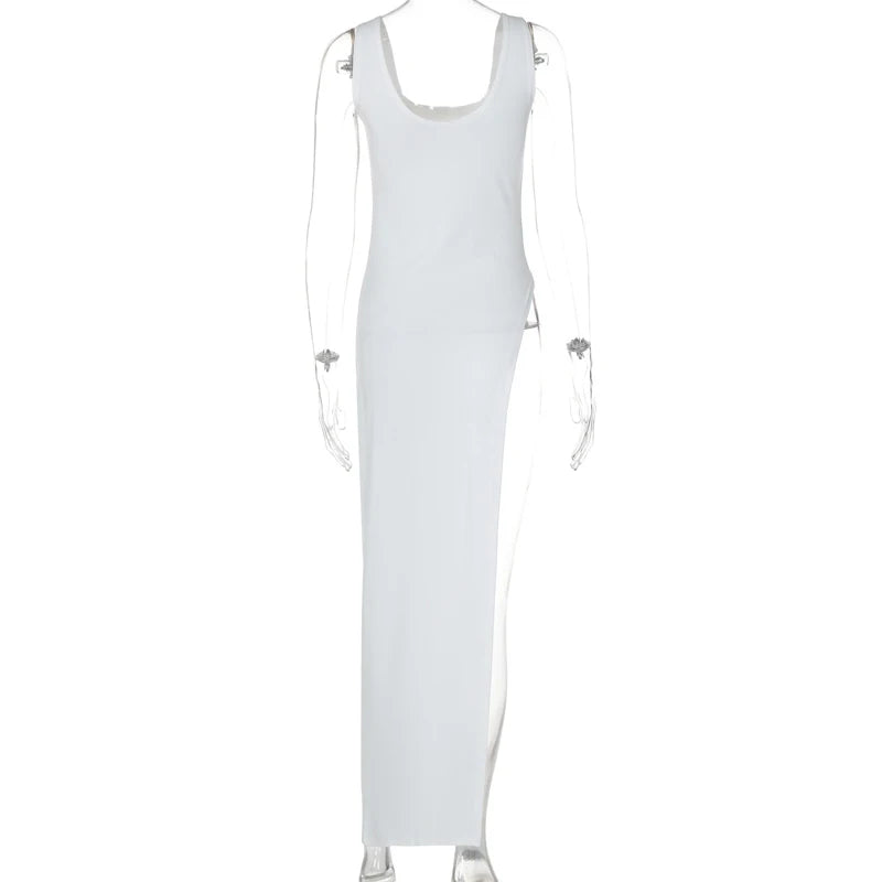 Sexy Sleeveless Side High Split Midi Dress Backless Women's Summer Party Club Streetwear Y2K Style Solid Color