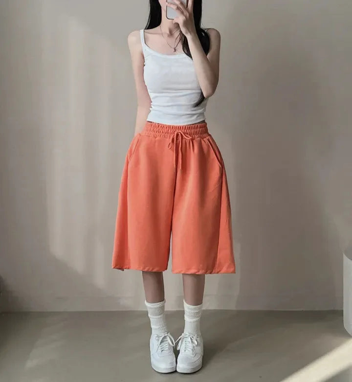 Summer Drawstring Wide Leg Shorts Women Fitness Running Loose Casual Large Sports Shorts Sweat Short High Elastic Lace Up Pants