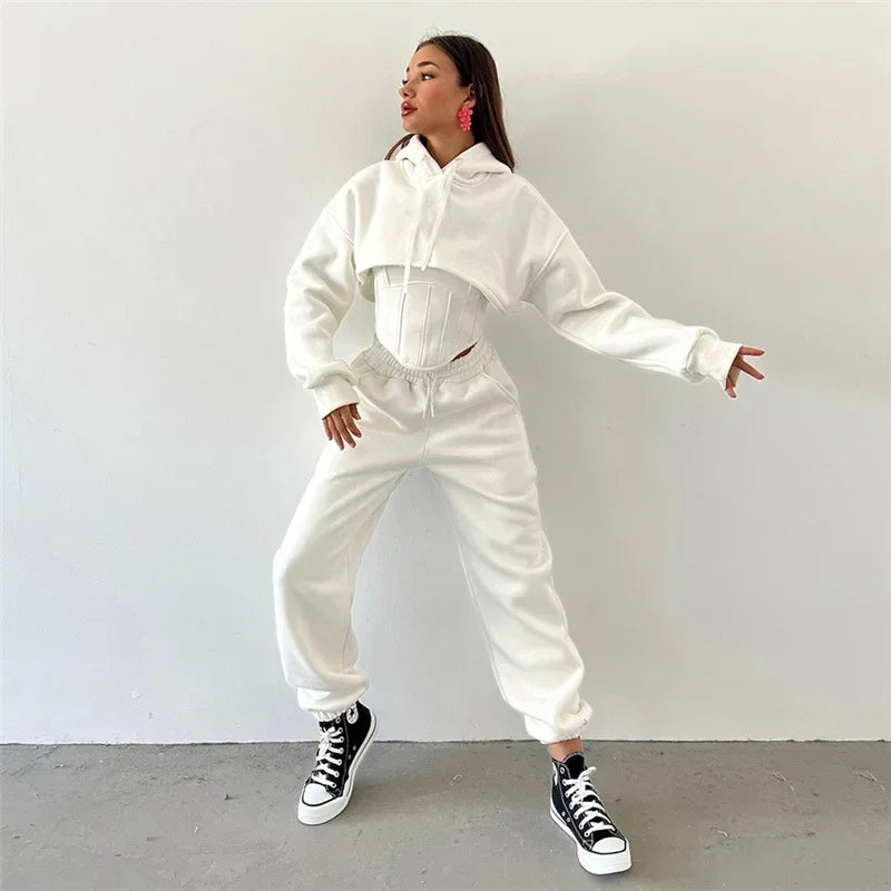 New Lace Up Pants Sets Women Slim Solid Splice Tank Tops Woman Long Sleeve Short Hoodies And Pant Suits Women Outfits Winter