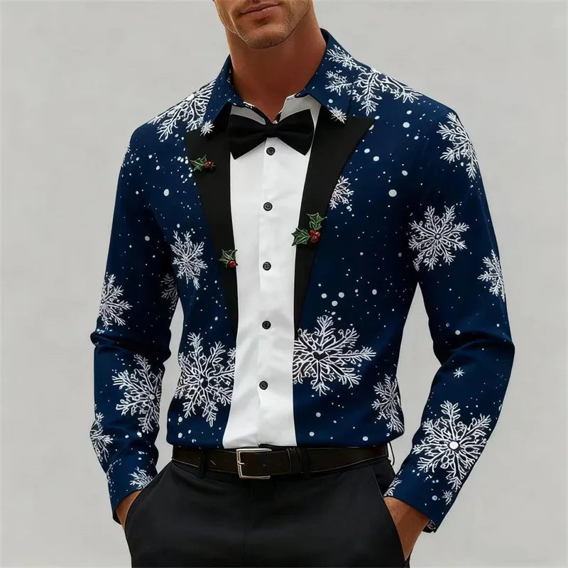 Men's Christmas long-sleeved shirt, 3D high-definition printed Christmas tree pattern, lapel button men's shirt, party wear