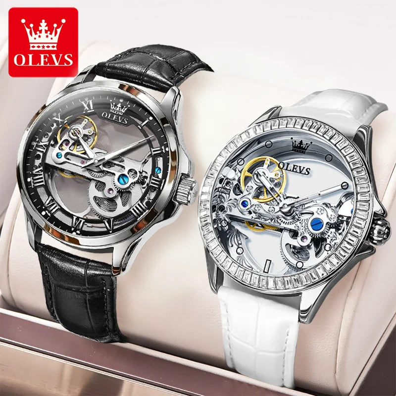 OLEVS Couple Watches Original Fully Transparent Skeleton Automatic Mechanical Watches For Men Women Lover's Gift Luxury Watches