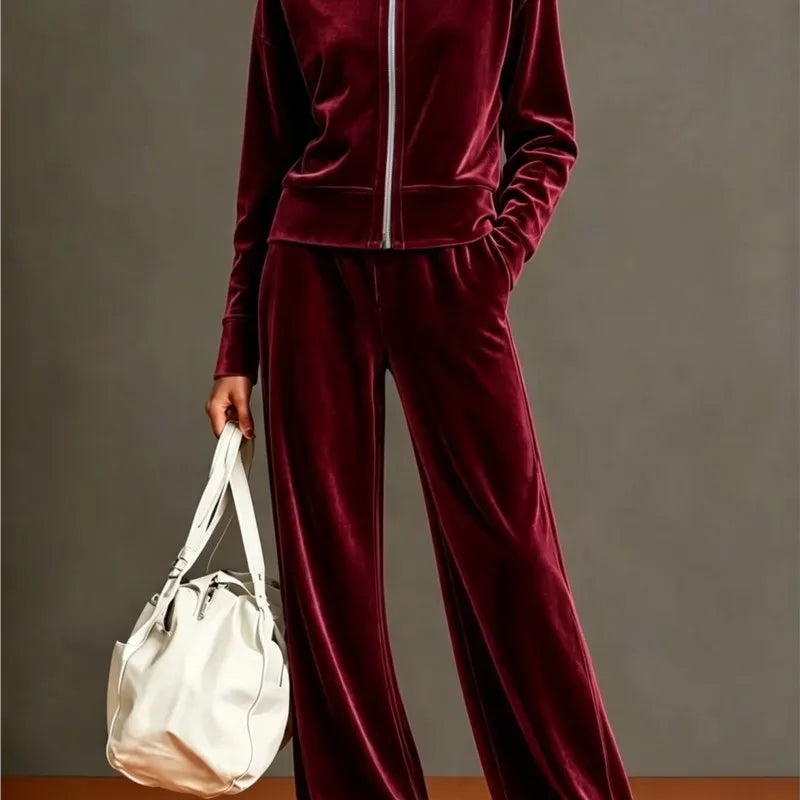 Women Solid Color Velvet 2 Piece Set Stand Collar Full Zip Jacket Wide Leg Pant Casual Sport Matching Outfit Autumn Winter Set