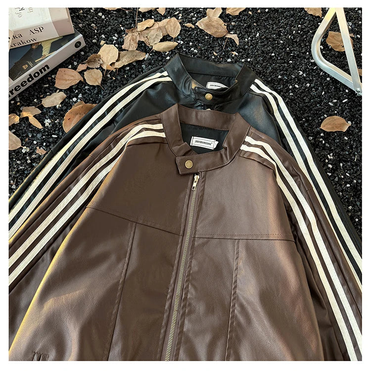 Men's Brown Leather Jacket American Retro Patchwork Striped Outerwear Youthful Style Summer Biker Coat Long Sleeve Zipper Clo...