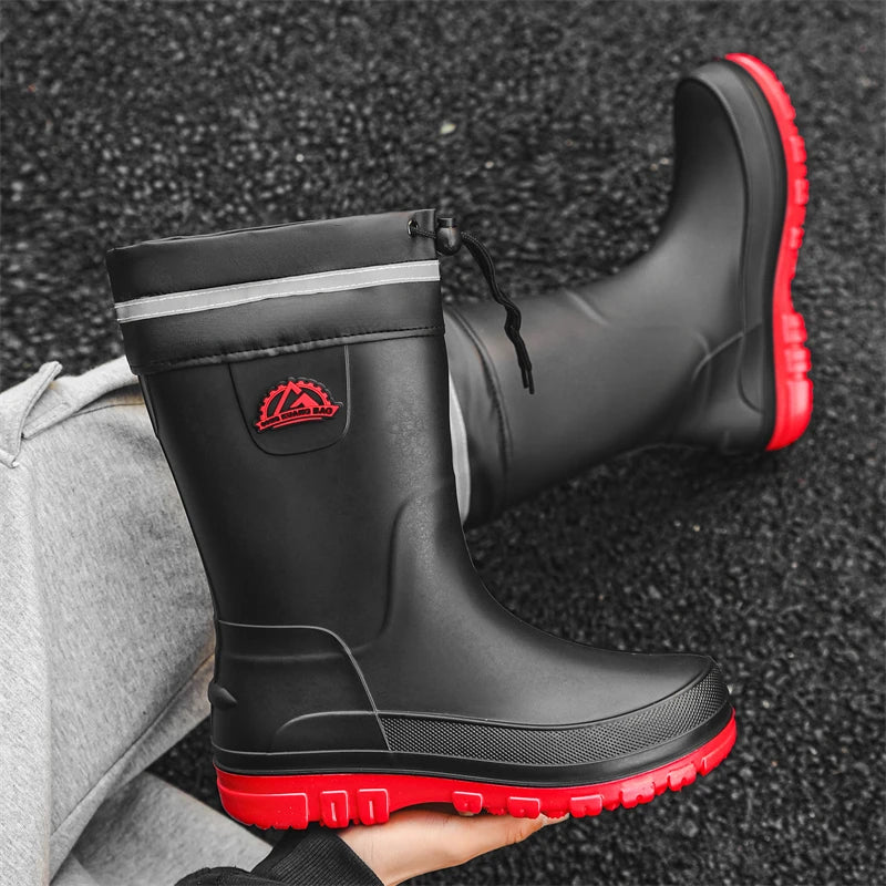 Men's Winter Fleece Lined Mid-Calf Rain Boots Anti-Slip Waterproof Work Rubber Boots Car Wash Fishing Outdoor Wear Water Shoes