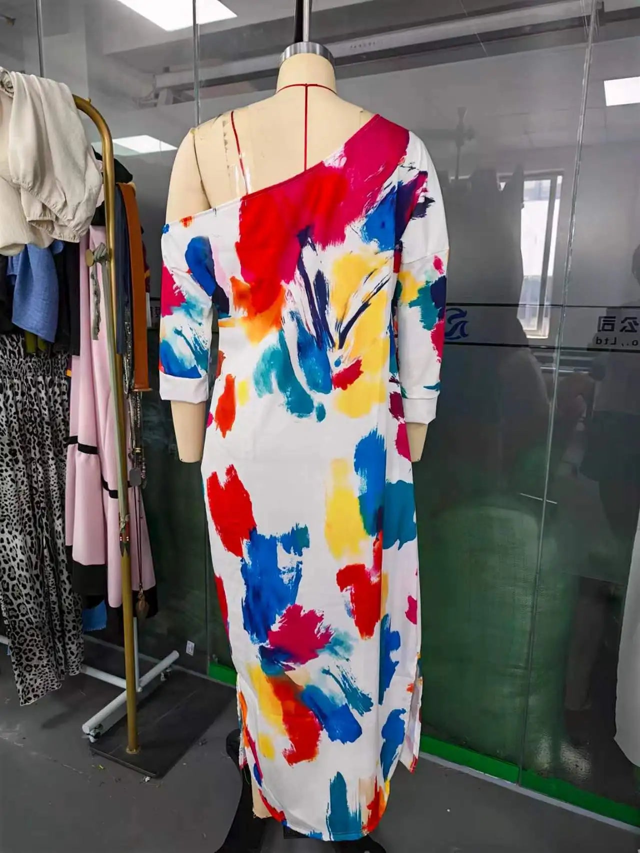 Abstract Brush Print One Shoulder Maxi Dress 3/4 Sleeve Loose Fit Casual Kaftan with Pockets, Bohemian Art Print Dress for Women