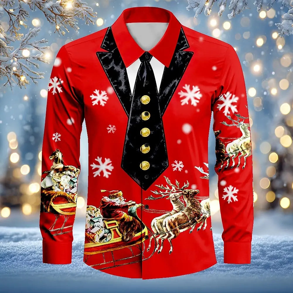 Men's Christmas Costume Christmas Light Suit Tie Printed Tuxedo Shirt Button Up Shirt Long Sleeve Outdoor Holiday Spring Fall