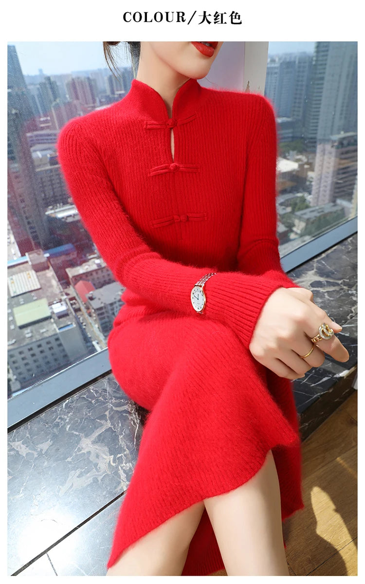 100% Mink Cashmere Knitted Dress Ladies Stand Collar Buckle Long Skirts Retro High Waist Over Knee Slim Dress New Thick Sweater
