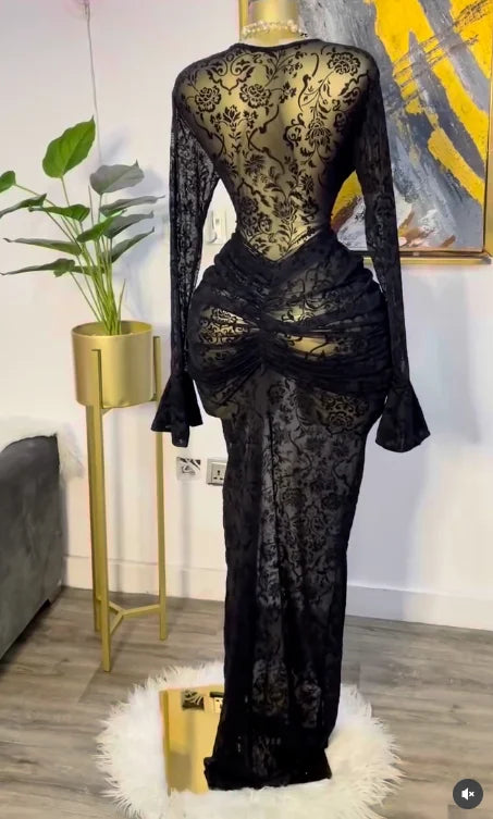 CM.YAYA 2025 Fall Women Long Sleeve Stacked Mesh See Though with Lining Bodycon Long Dress Evening Birthday Sexy Party Dresses