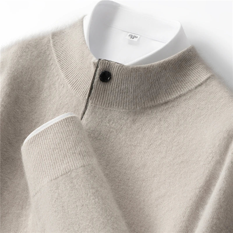 Autumn Winter New Men's Half High Collar Pullover 100% Cashmere Knitted Sweater Casual Business Solid Color Long Sleeve Clothing