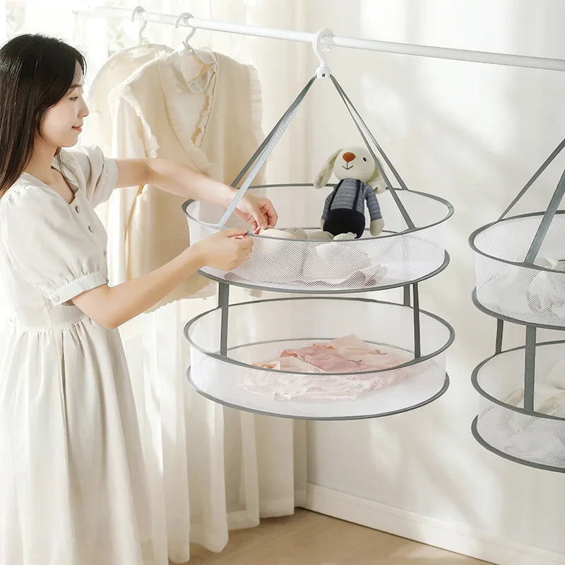 1/2 Layer Clothes Dryer Basket With Hanging Hook Fine Mesh Polyester Household Towels Foldable Baby Sweater Drying Rack For Home