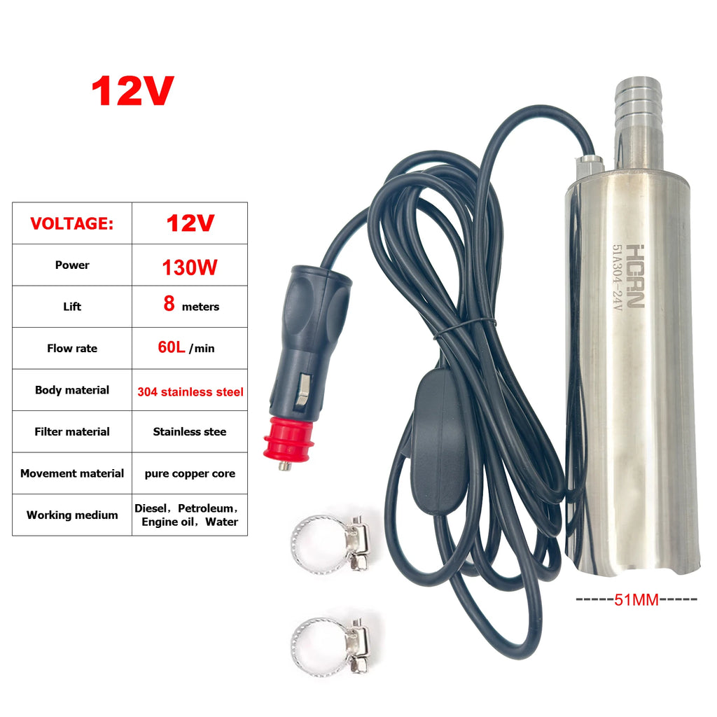 12V/24V 130W Portable DC Submersible Electric Pump For Diesel Fuel Delivery Water Sewage Suction Transfer Electric Pump 60L/Min
