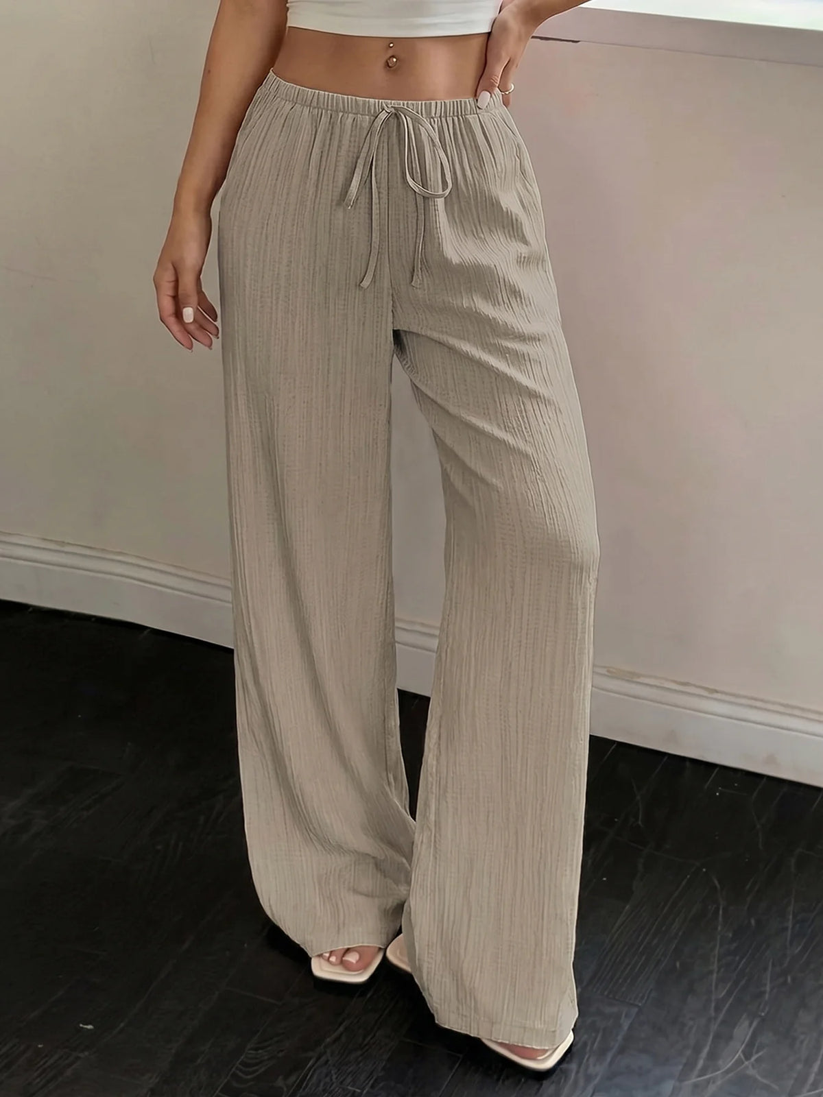 Women Crinkle Textured Wide Leg Pants Elastic Waist Loose Casual Lounge Trousers Soft Yoga Beach Vacation Flowy Pants