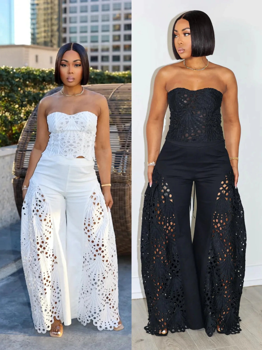 Women's Solid Color Pants Sets Hollow Out Lace Tube Top Cropped Top High Waist Trousers Two Piece Set Sexy Hot Girl Streetwear