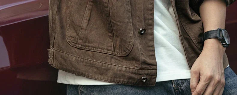 Men's Denim Jacket Vintage Brown Male Jean Coats Cargo Designer Washed Clothing Winter 2025 Korean Style Elatic Original Cowboy