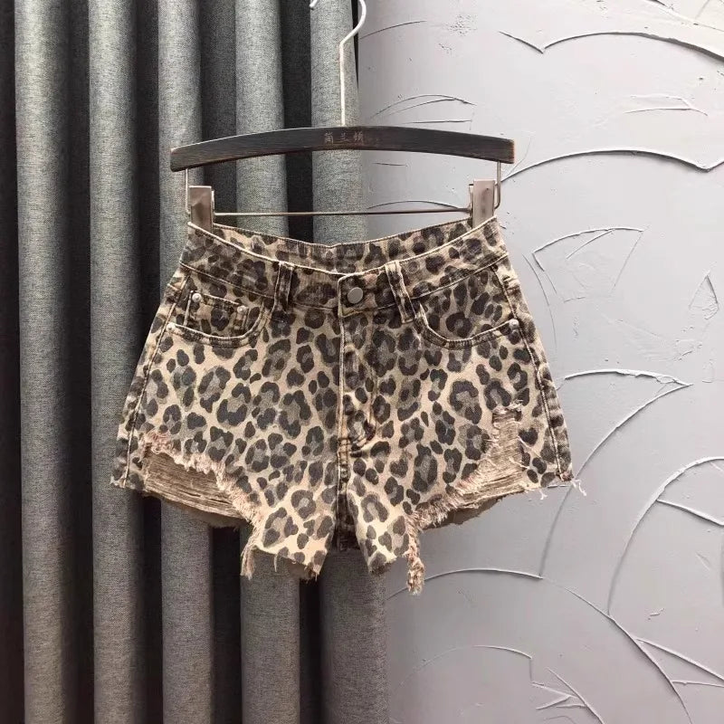 Personalized Leopard Print High Waist Denim Shorts Women's Summer Fashion A Word Rough Edge Wide Leg Jeans Hot Pants