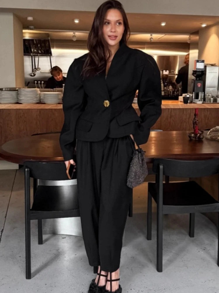 Tossy Solid Commute Suit 2 Piece-Set Women's Pants Puff Sleeves V-Neck Cropped Top And High Waist Pleated Pencil Pants Sets New