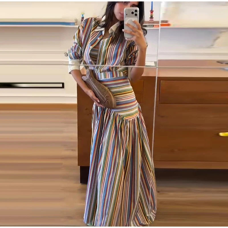Multicolor Striped Shirt 2 Picec Set Button Front Blouse High Waist Flared Hem Maxi Skirt 2026 Summer Elegant Lady Vacation Suit