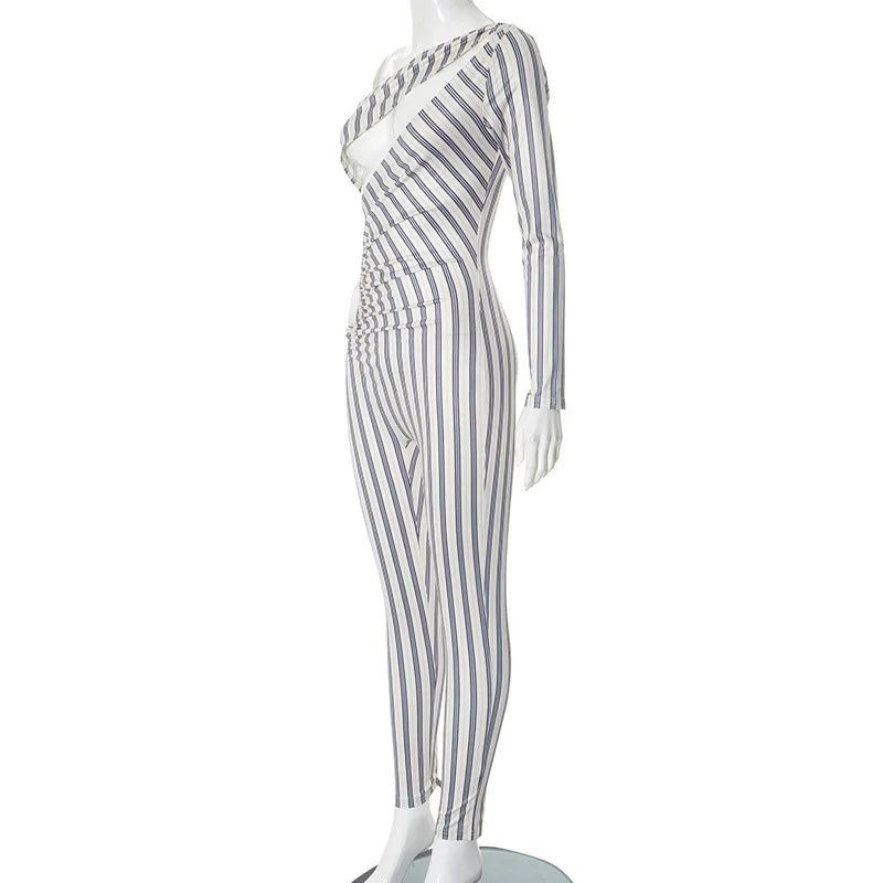 Fashion Women's Sexy Hollow Jumpsuit 2025 Spring Ruched Irregular Hipster Club Stripes Print Full Sleeve Midnight Party Overalls