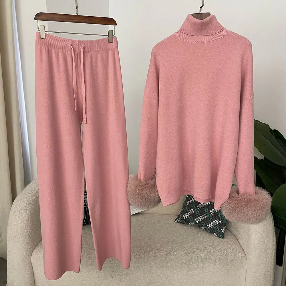 2024 New Fashion Autumn Winter Natural Real Fox Fur Cuffs Coat Knitted Sweater Women Long Pants Set Jacket Thick Warm
