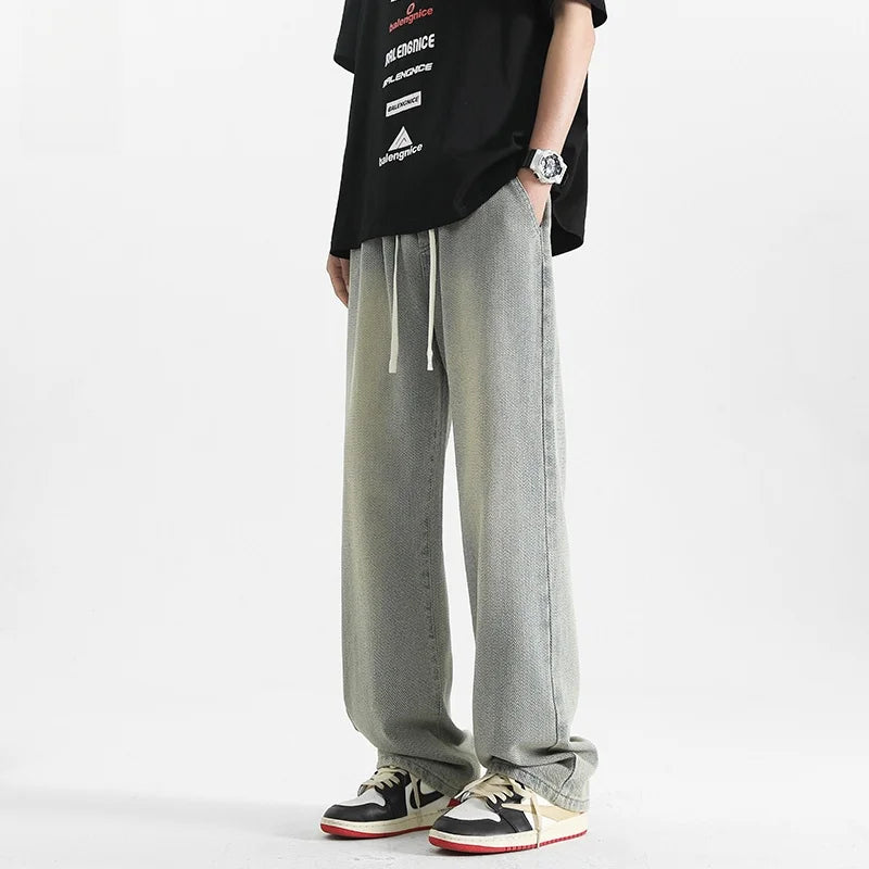 American Retro Dstring Jeans Loose Straight Casual Pants High Street Vibe Wide Leg Summer New Sle for Men Youth Faion