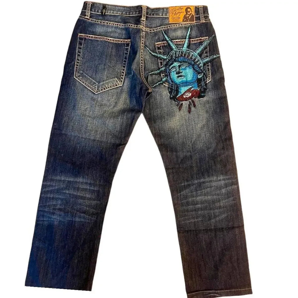 2000s Statue of Liberty Diamonds Denim Pants Women Casual High Waist Straight Wide Leg Jeans Harajuku Vintage Y2k Women Clothing