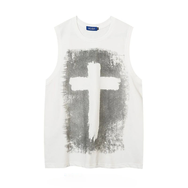 Men's Summer O-neck Sleeveless Short Sleeved Gothic Cross Printed Vests Trendy High Street American Retro Loose Casual Tank Tops