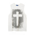 Men's Summer O-neck Sleeveless Short Sleeved Gothic Cross Printed Vests Trendy High Street American Retro Loose Casual Tank Tops