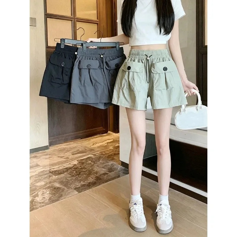 Women Summer Cargo Shorts Elastic Drawstring Waist Cool Shorts Oversized American Street Style Loose Wide Leg Casual Big Size