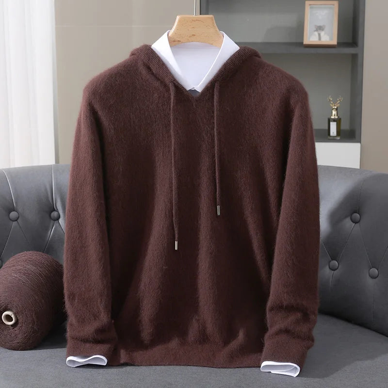 2025 Autumn Winter Hooded Collar Mink Cashmere Knitted Sweater Men's Drawstring Pullover High-End Thick Casual Sweater Loose Fit