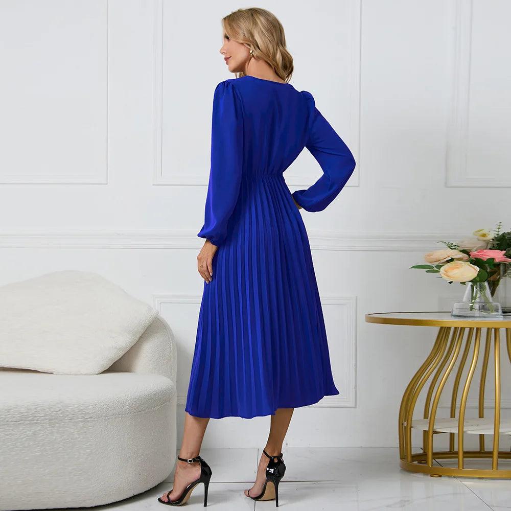 Elegant Women's Green Chiffon Autumn/Winter Long Sleeve Slim Fit Pleated Dress Fashion Women's V-neck Belt Party Dresses S-2XL