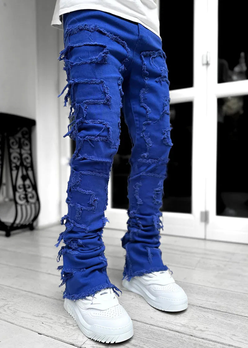 2026 New Men's Denim Straight-Leg Pants, European and American Street Fashion Ins Stretch Patch Denim Straight-Leg Pants