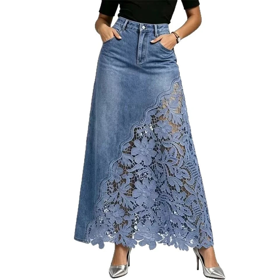 Women Elegant Lace Spliced Denim Skirt High Waist Slim A-line Skirt Washed Denim Wrap Hip Long Skirt All Match Fashion Bottoms