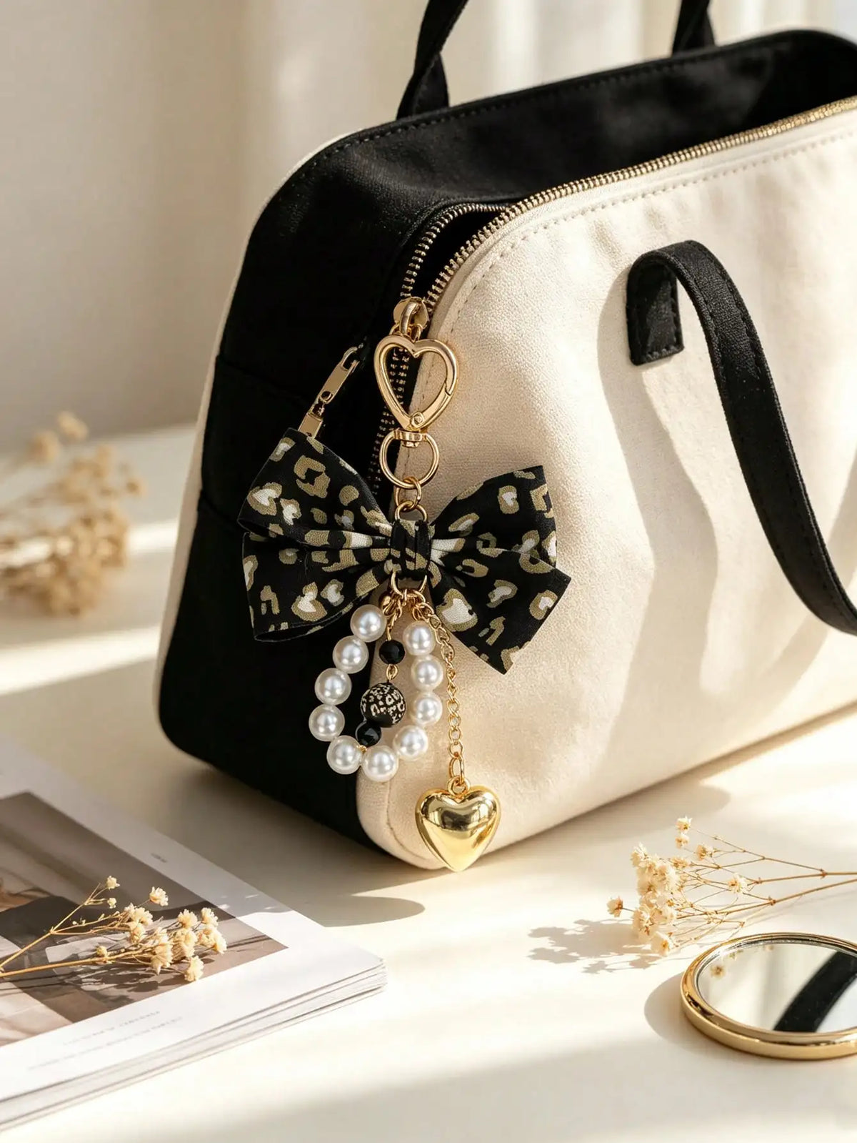 Leopard Print Bow Keychain Heart Pendant Women's Bag Simple Charm Pearl Keychain Beaded Charm Gift For Women