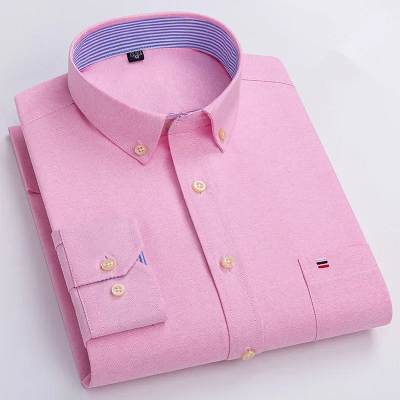 Men's 100% Cotton Smart Casual Shirt Long Sleeve Plaid Oxford Casual Solid Color Print Regular Fit Dress Shirt Oversized  6XL